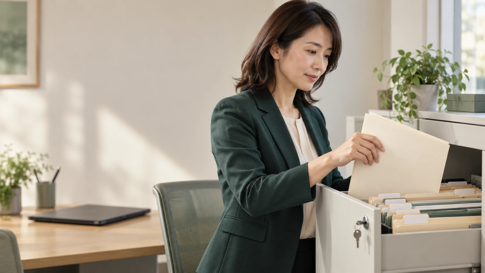 書類を鍵付きの保管庫に丁寧に収納する担当者