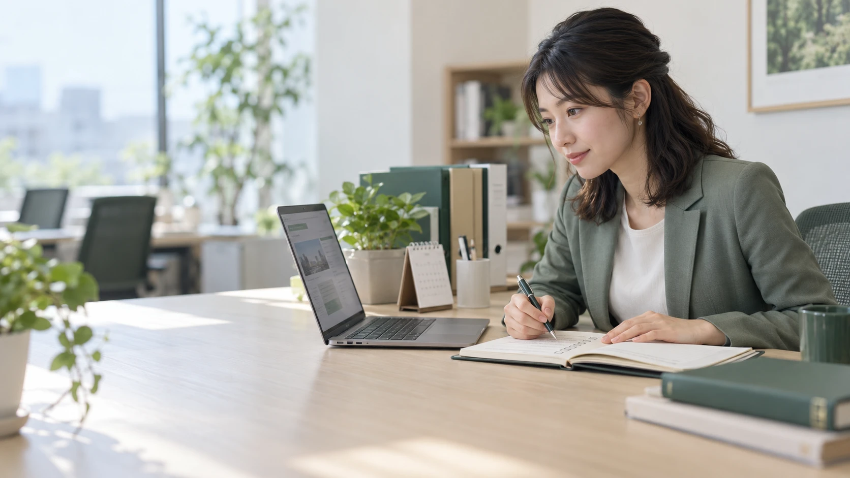 パソコンで情報を確認しながら手帳に準備事項を書き留める担当者