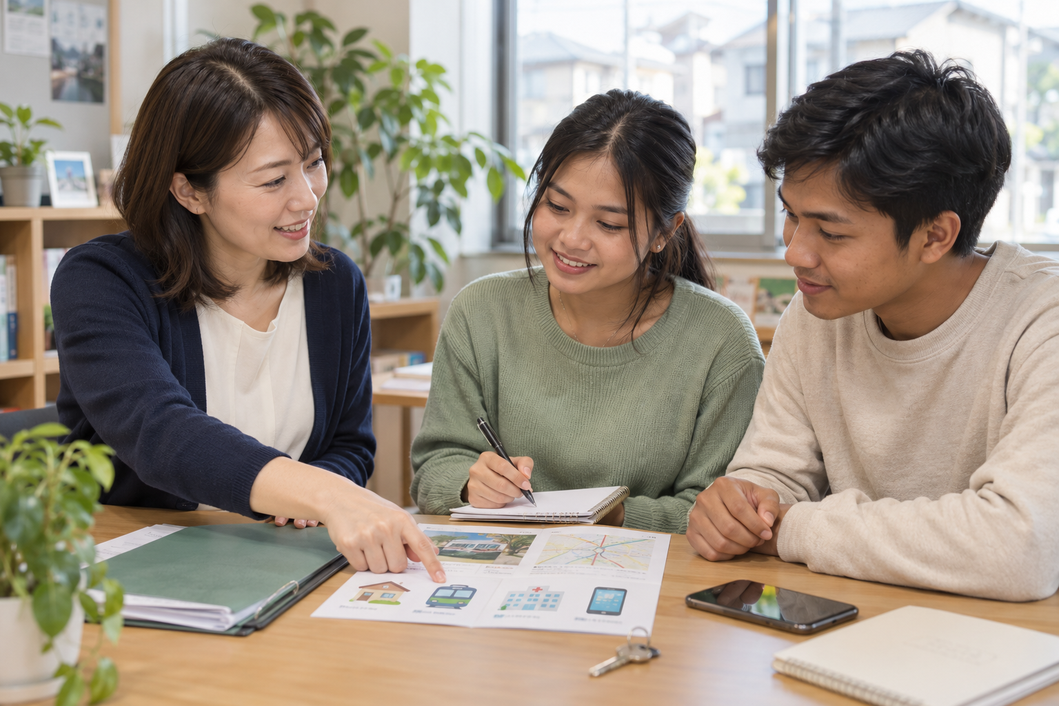 生活ガイドを見ながら相談する支援担当者と働き手