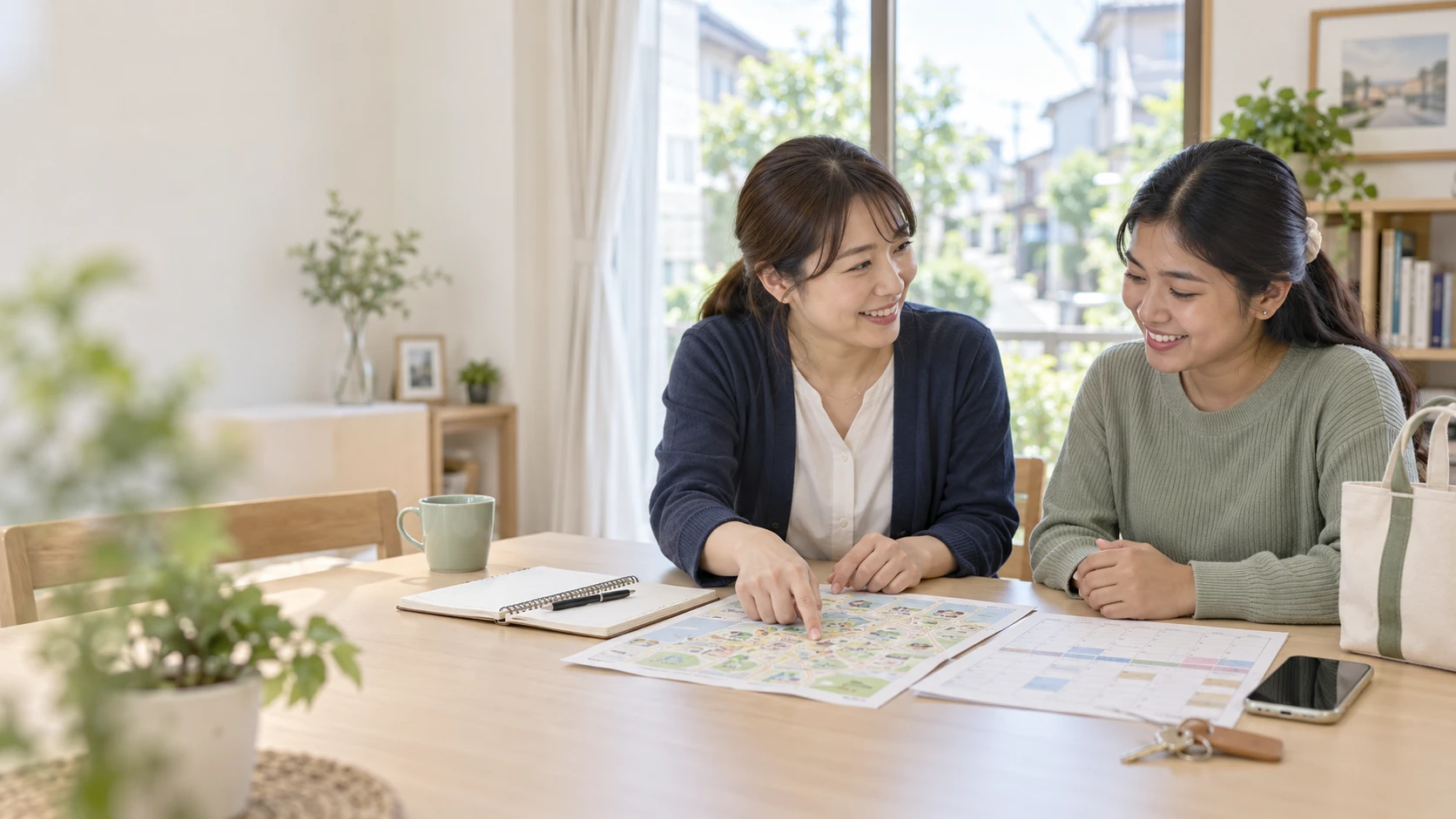地域の地図と予定表を見ながら仕事と暮らしを相談する二人