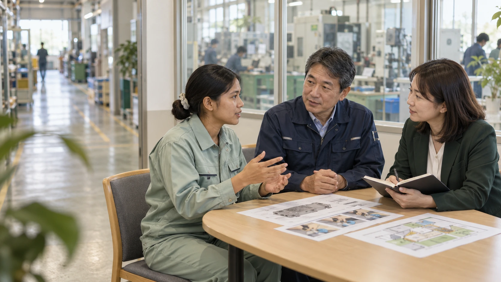 職場で企業担当者と働く人の話を聞く支援担当者