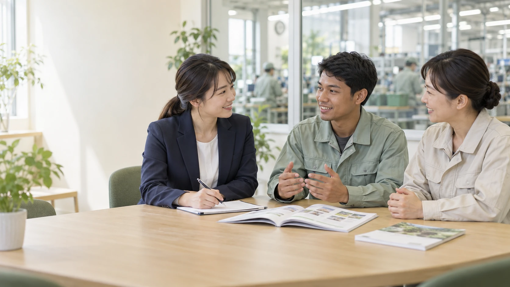 職場で働く人と企業担当者の話を聞く支援担当者