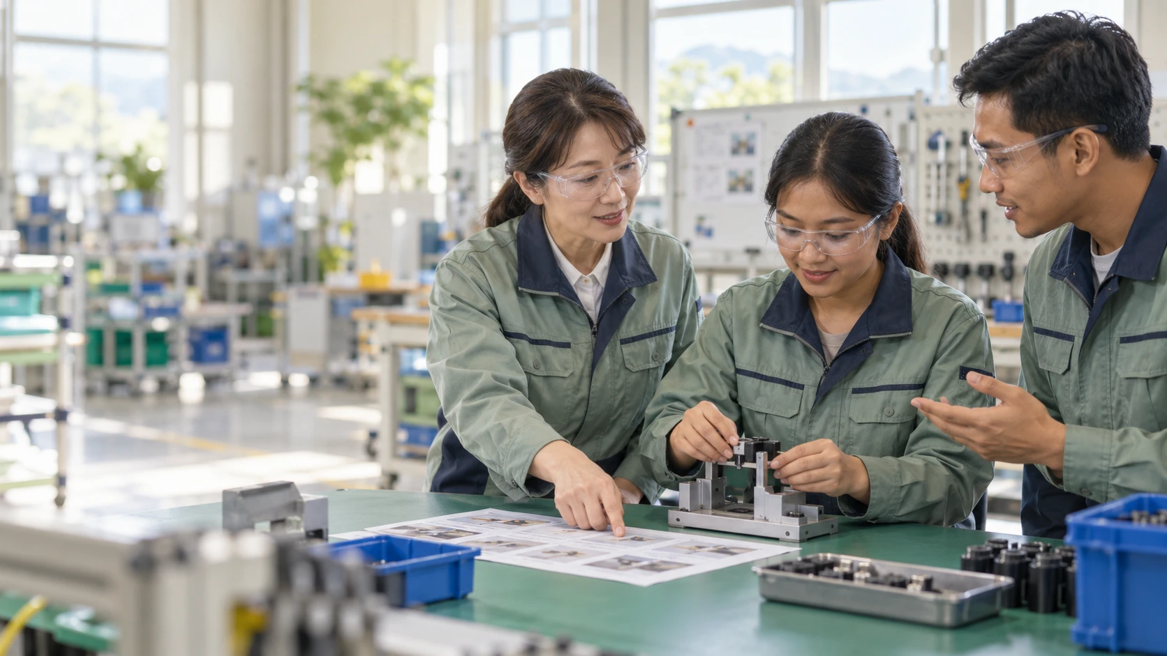 作業手順を確認しながら一緒に実習する現場担当者とスタッフ