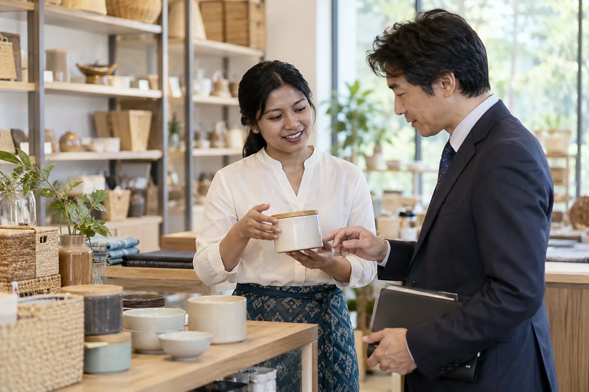 商品を確認しながら商談する様子