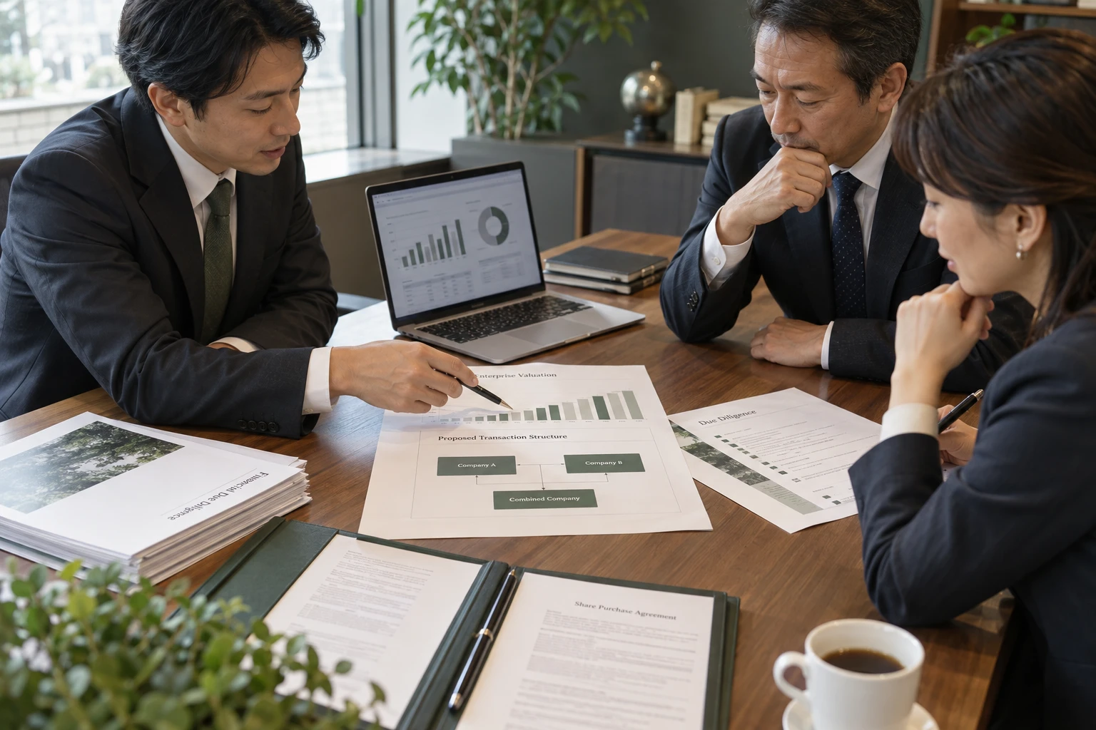 企業価値の評価資料と買収契約書を囲む検討